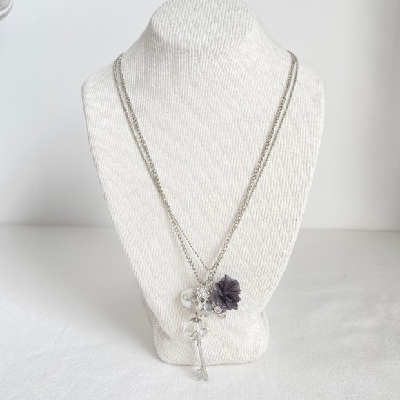 Silver Tone 8-Charm Necklace Opera Length Double Stranded Ball & Cable Chains - Picture 1 of 12
